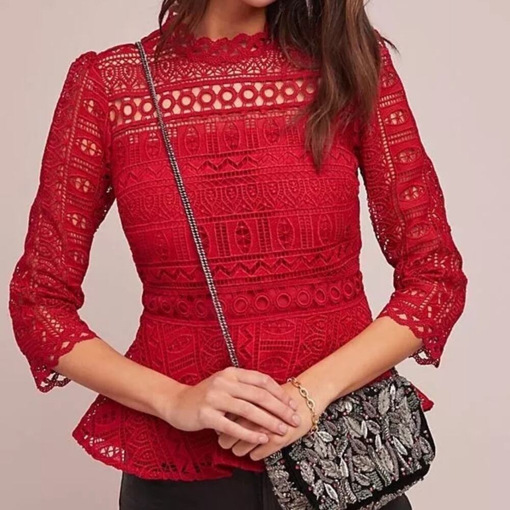 Moulinette Soeurs by Anthropologie lace peplum top women's size 14 lined 3/4 slv - Picture 2 of 14